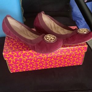 Tory Burch Caroline suede dark cabernet flats, size 8.5